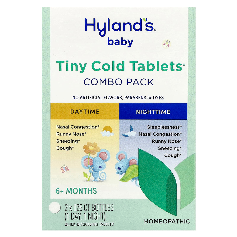 Hyland's Naturals, Для детей, комбинированная упаковка в крошечных таблетках от простуды, дневное / ночное время, для детей от 6 месяцев, 2 флакона, по 125 быстрорастворимых таблеток