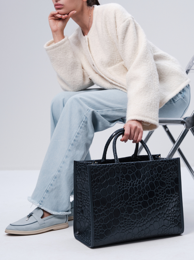 Сумка кожаная шоппер синяя