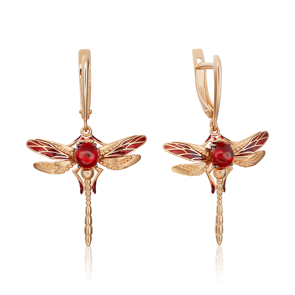 Серьги «Стрекозы» с английским замком из красного золота с гранатом и эмалью