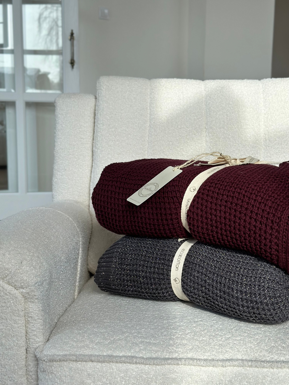 Вязанный плед из органического хлопка Alina Ecocotton 160x220 Bordo