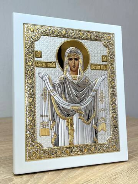 Покрова БМ, икона прямоугольная с рамкой, белое дерево 185х235