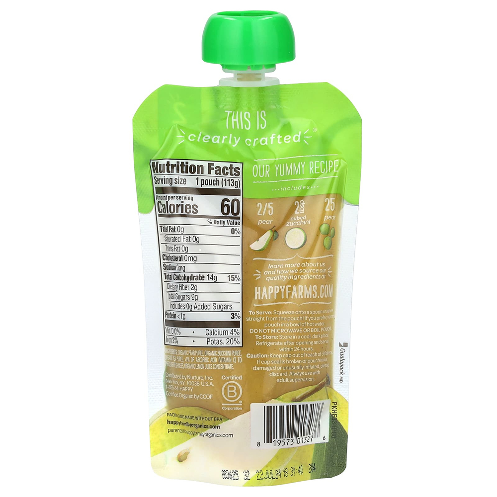 Happy Family Organics, Happy Baby®, органическое детское питание, для детей от 6 месяцев, груши, цукини и горох, 113 г (4 унции)
