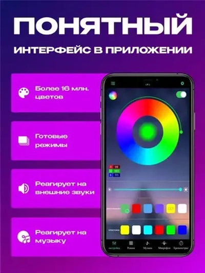 Светодиодная лента RGB 5м, гирлянда, управление с телефона и пульта, многоцветная подсветка для кухни и комнаты
