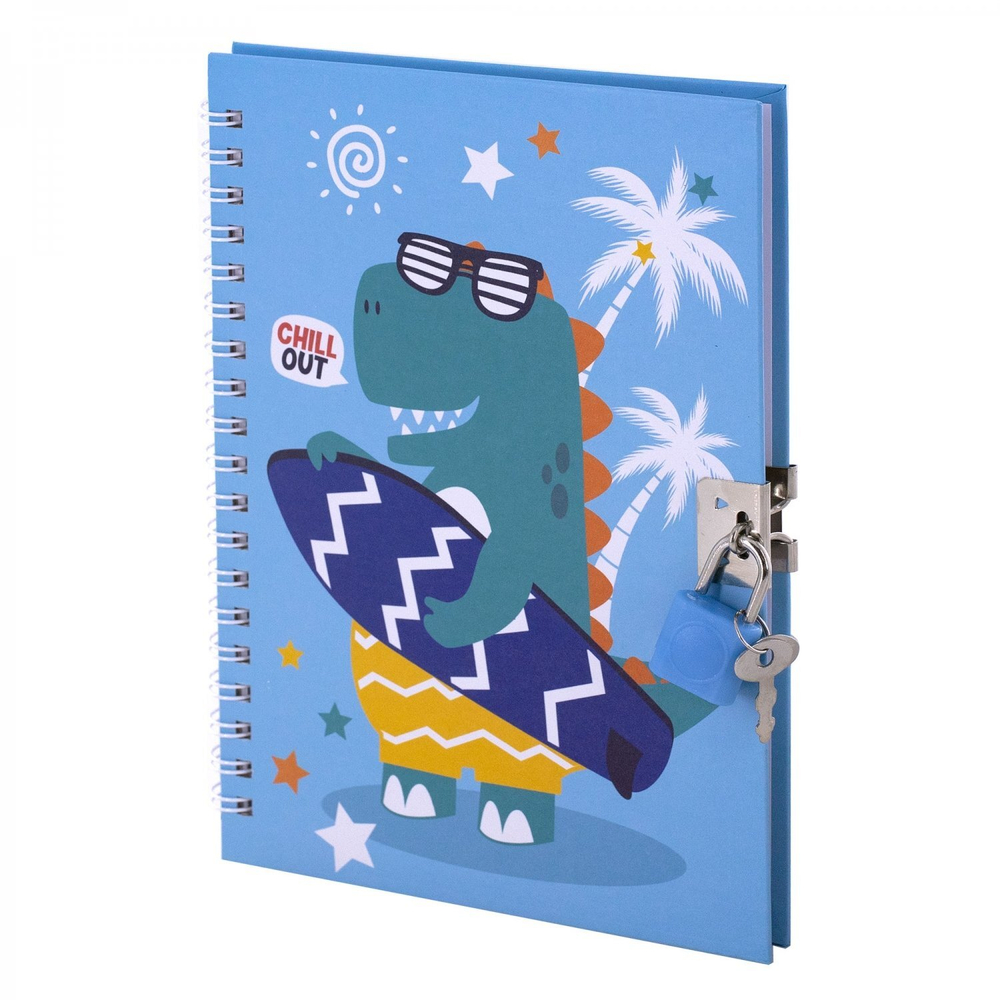 Блокнот в футляре 19,5 см * 23,0 см , гребень, Alingar, ламинация, замочек, ручка, 45 л., клетка, "Дино", голубой