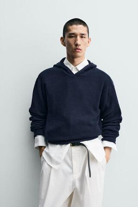 ZARA СВИТЕР ИЗ ХЛОПКА И ШЕРСТИ С КАПЮШОНОМ, МОРСКОЙ СИНИЙ