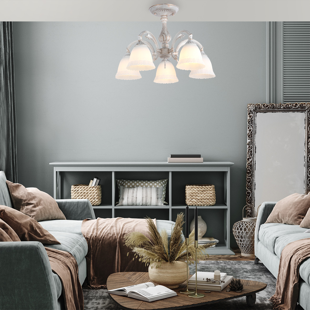 Потолочный светильник 5х60Вт E27, металл/стекло, античный белый/плафон белый матовый