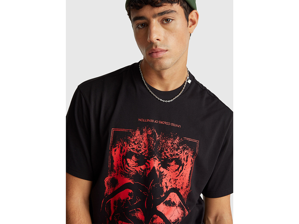 Benetton Футболка классического кроя из 100% хлопка с принтом Stranger Things, черный/красный