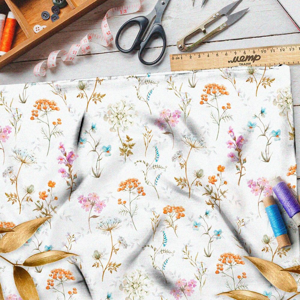 Ткань атлас одуванчики, рябина и подснежники