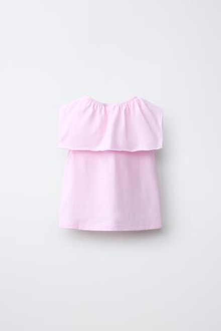 ZARA ФУТБОЛКА С ВОЛАНАМИ, РОЗОВЫЙ/ЛИЛОВЫЙ
