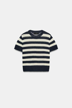 ZARA ТРИКОТАЖНЫЙ ТОП С КОРОТКИМ РУКАВОМ, ПОЛОСКИ