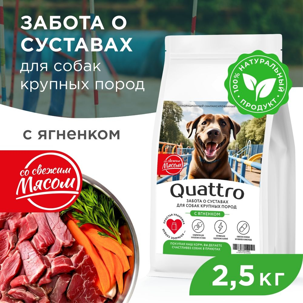 Корм сухой для взрослых собак крупных пород, премиум полнорационный комплекс, забота о суставах, с ягненком, 2,5 кг, QUATTRO