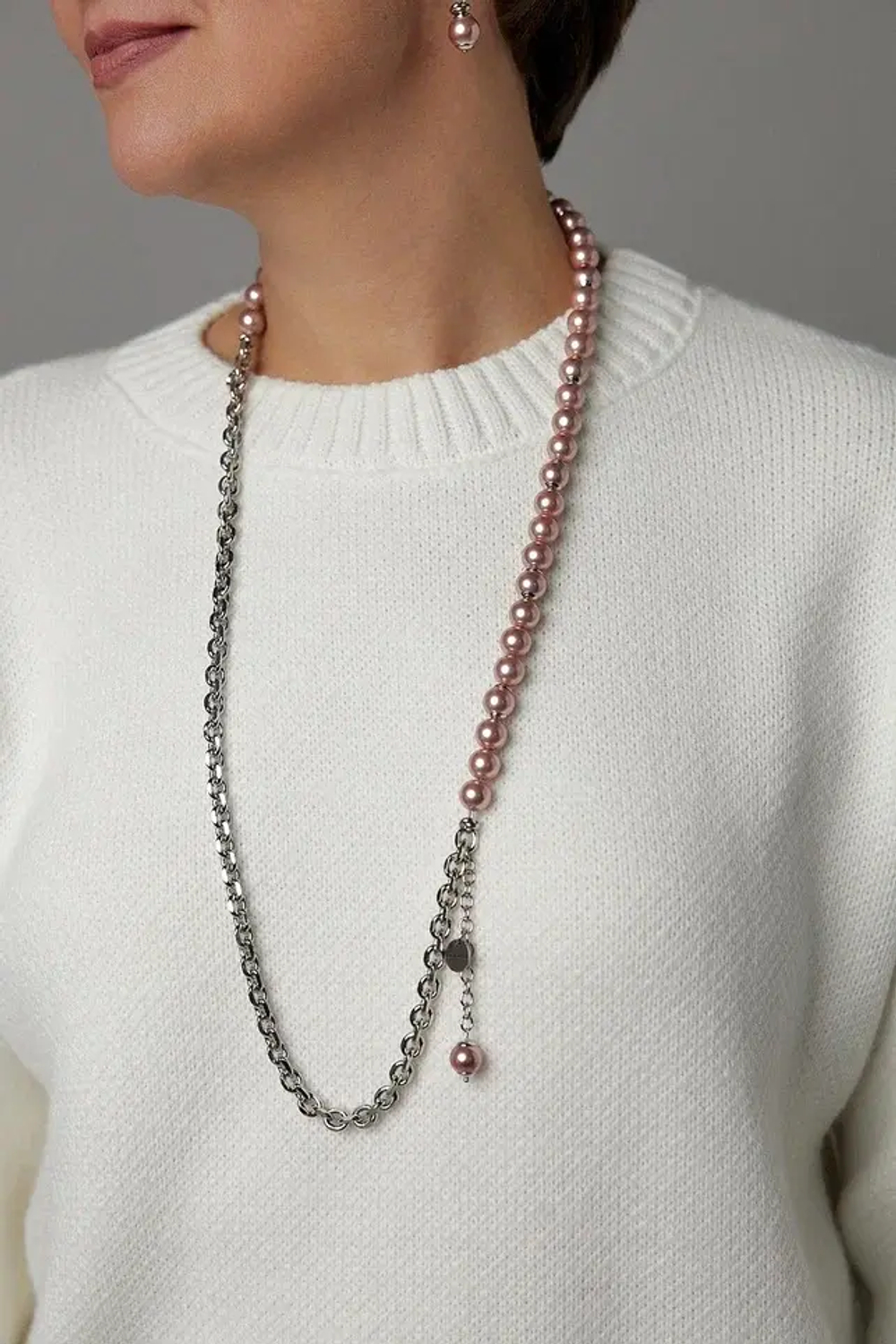Колье Твин 2 ряда розового жемчуга и цепь ролло, оттенок серебро