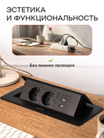 Горизонтальная двойная розетка + 2 USB, черная