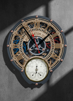 Настенные часы-метеостанция WOODandROOT Automaton 1722 — барометр, термометр и гигрометр в корпусе с открытым механизмом и шестерёнками