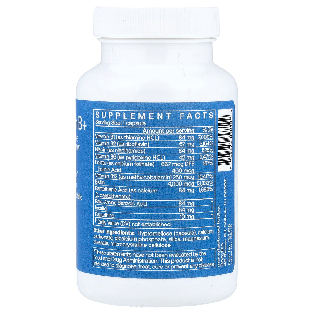 BodyBio, витамин B+, 90 капсул