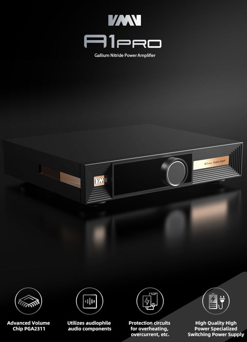 Усилитель мощности SMSL VMV A1 PRO, GaN, RCA, XLR, черный