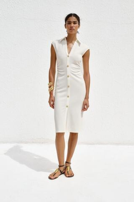 ZARA ПЛАТЬЕ-РУБАШКА ИЗ ПИКЕ, ЖЕЛТОВАТО-БЕЛЫЙ