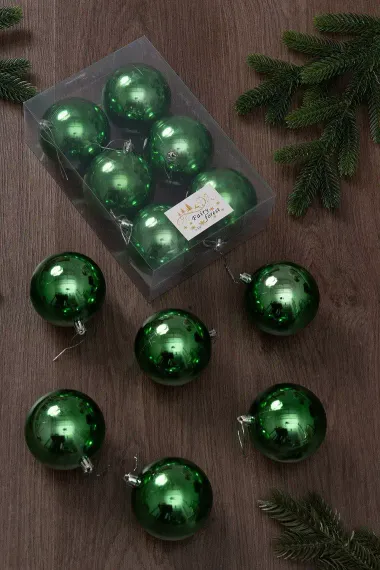 Набор пластиковых шаров Анет 80 мм., зеленый глянцевый, 6 шт., ЕлкиТорг (150330)