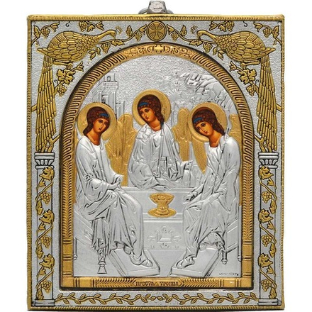 Троица Святая. Небольшая икона в серебряной античной ризе.