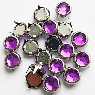 Клепки декоративные 8мм (20 шт) с фиолетовыми кристаллами, под серебро, с цапами, для рукоделия.
