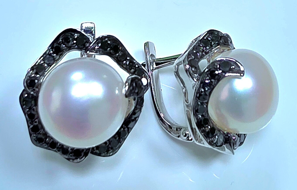 Серьги Эстерелла золото585, жемчуг, чёрные бриллианты