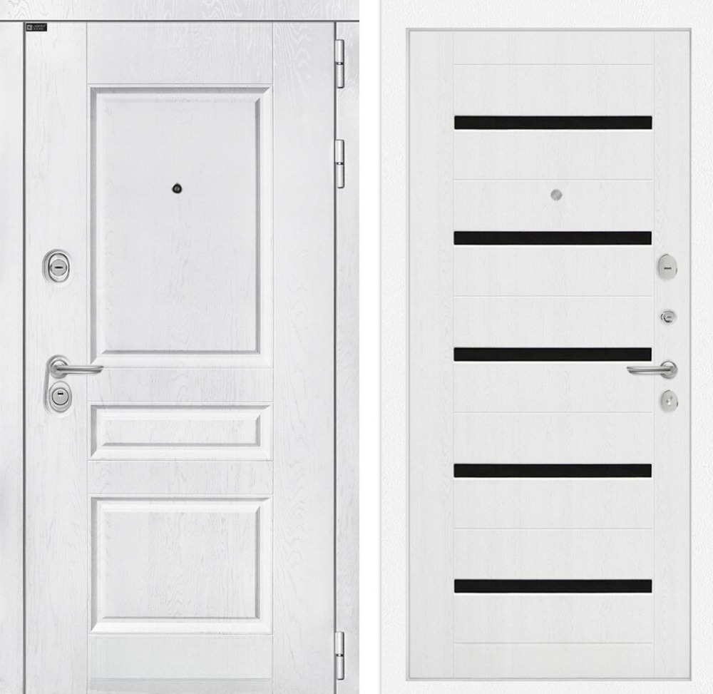 Входная металлическая дверь с шумоизоляцией для квартиры, белое дерево со стеклянными чёрными вставками - 1106