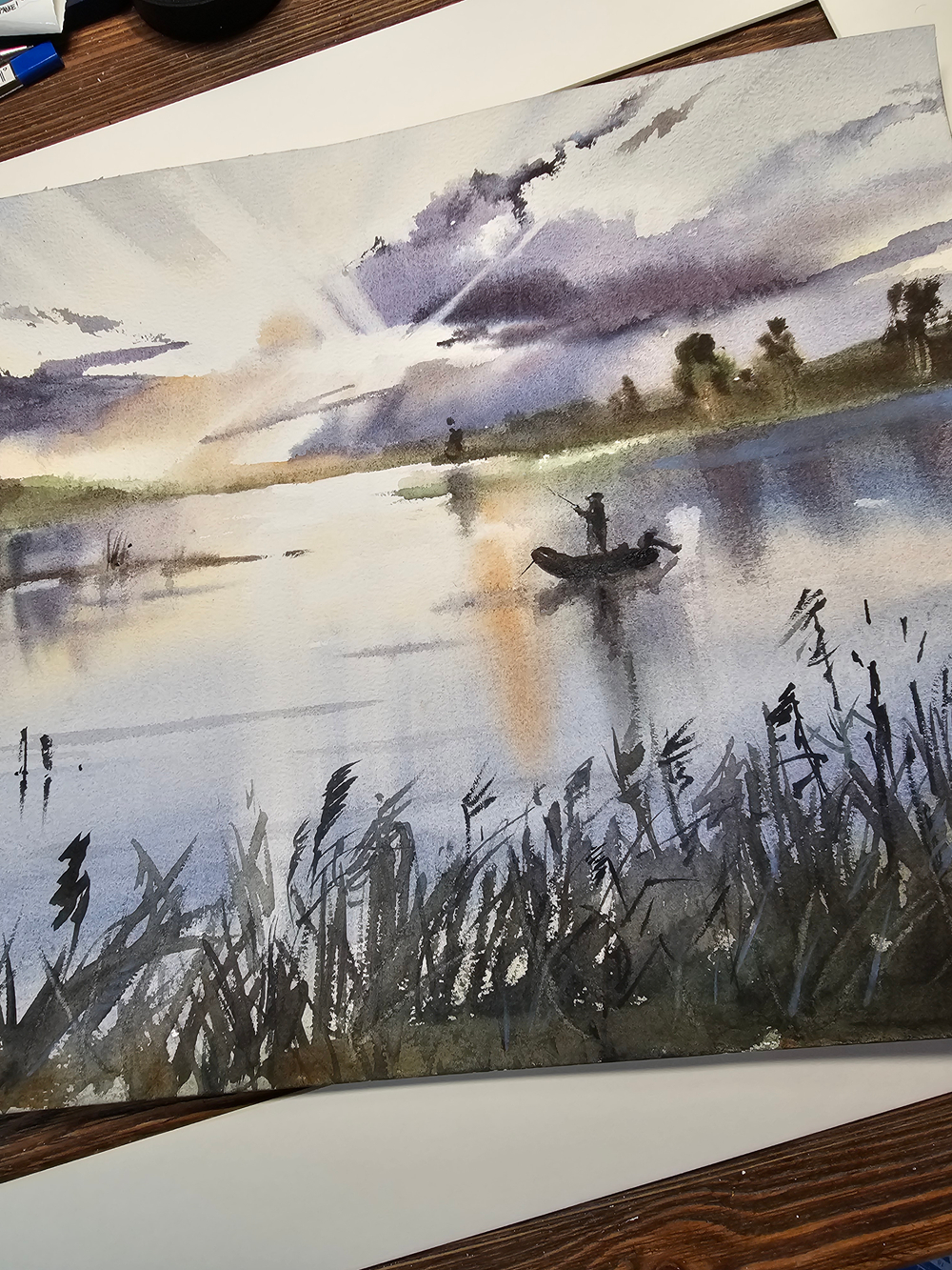 Картина авторская акварельная в паспарту 40х50 см на стену для интерьера "На вечерней зорьке"