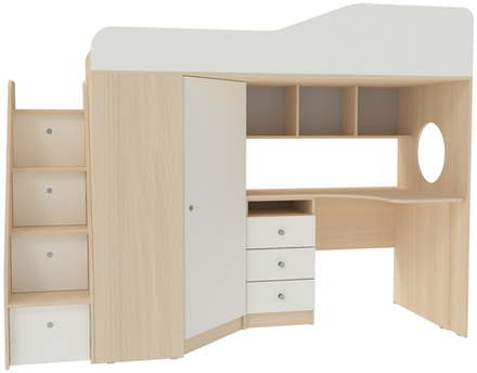 Кровать-чердак КарИВи Кадет 1 с универсальной лестницей  Дуб Молочный Белый