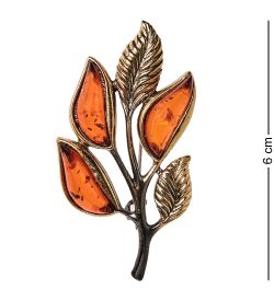AM-2559 Брошь «Веточка осень» (латунь, янтарь)