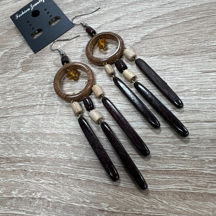 Серьги Колечки с янтарем, дерево, цвет светло-кор., вишневый, 22x75 мм