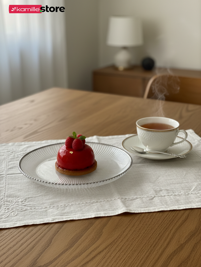 Блюдо стеклянное 21х2 см., с серебристой обводкой, жемчужный