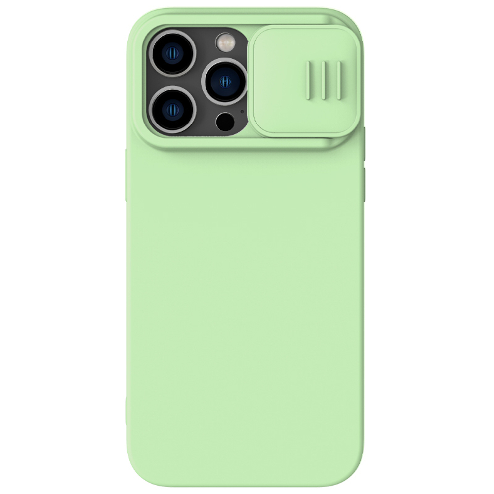 Чехол с шелковистым покрытием от Nillkin для iPhone 14 Pro, серия CamShield Silky Silicone Case с защитной шторкой для камеры, цвет мятно-зеленый Mint Green