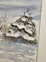 Картина авторская акварельная в паспарту 30х40 см на стену для интерьера "Поздний рассвет. Зима"