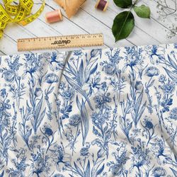 Ткань оксфорд 210 цветы голубого и синего оттенка