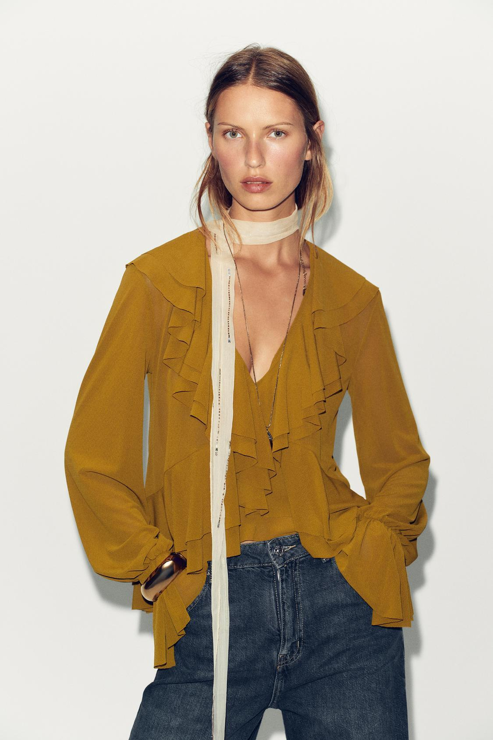 ZARA ТОП С ВОЛАНАМИ, ОЛИВКОВЫЙ