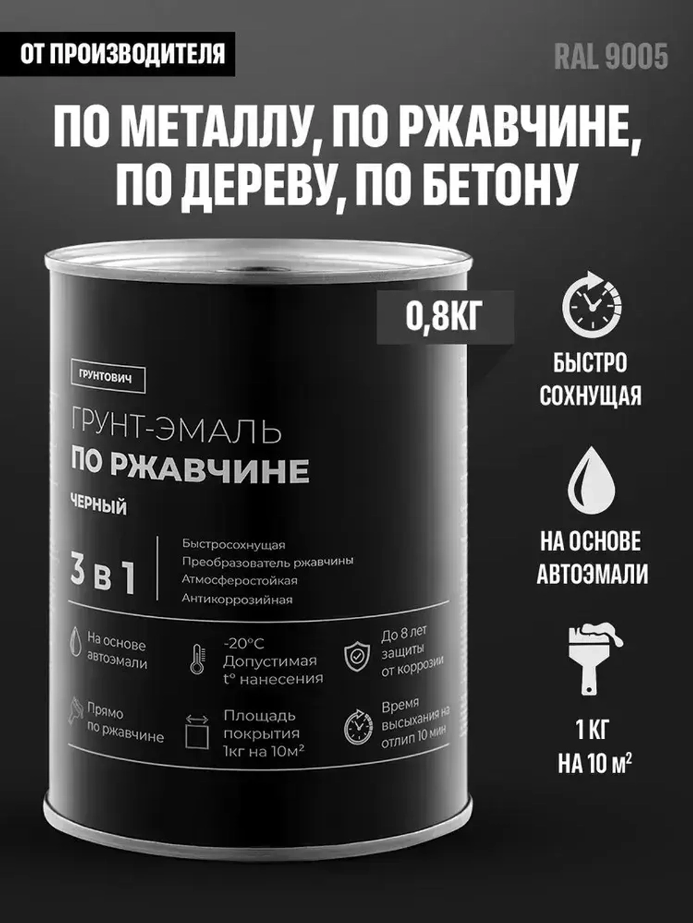 Грунтович Краска Быстросохнущая, Гладкая, Матовое покрытие, 0.8 кг, черный