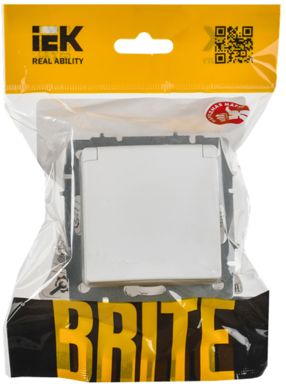 BRITE Розетка 1-местная с заземлением с защитными шторками и крышкой 16А IP44 РСбш10-3-44-БрАБ арктический белый IEK