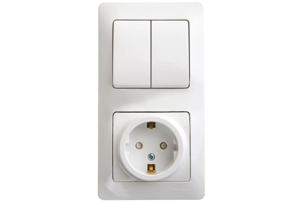 Schneider Electric Glossa Белый Блок: розетка с заземляющими контактами со шторками и 2-клавишный выключатель IP20 скрытая установка GSL000174