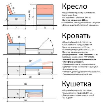Кресло-кровать "Миник" 70 см, велюр Dream Denim, купон "Пейзаж"