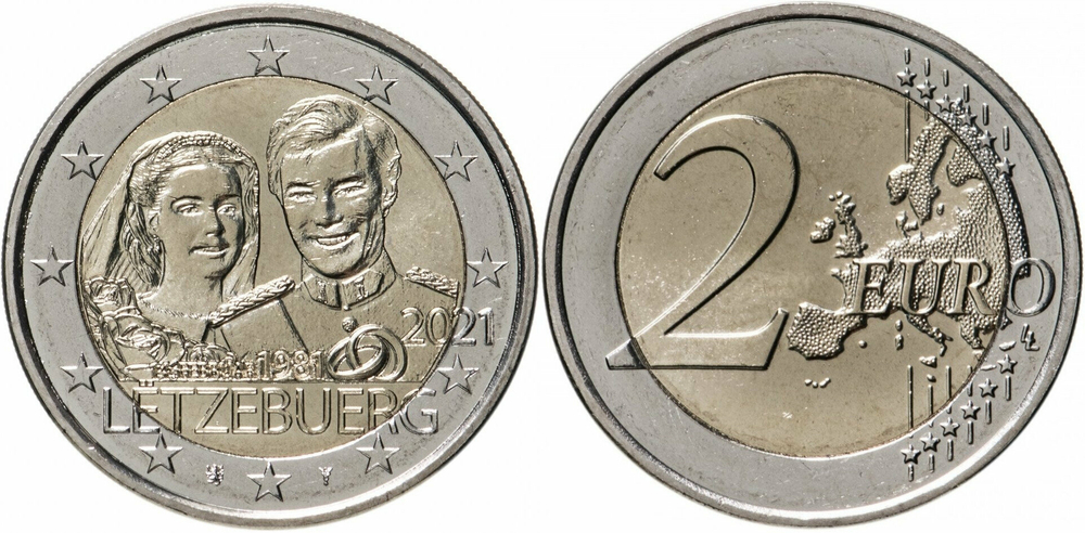 Люксембург 2 евро, 2021 40 лет бракосочетанию Великого Герцога Анри и Великой Герцогини Марии-Терезы UNC