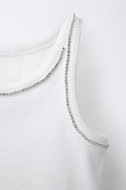 ZARA ТОП В РУБЧИК СО СТРАЗАМИ, БЕЛЫЙ