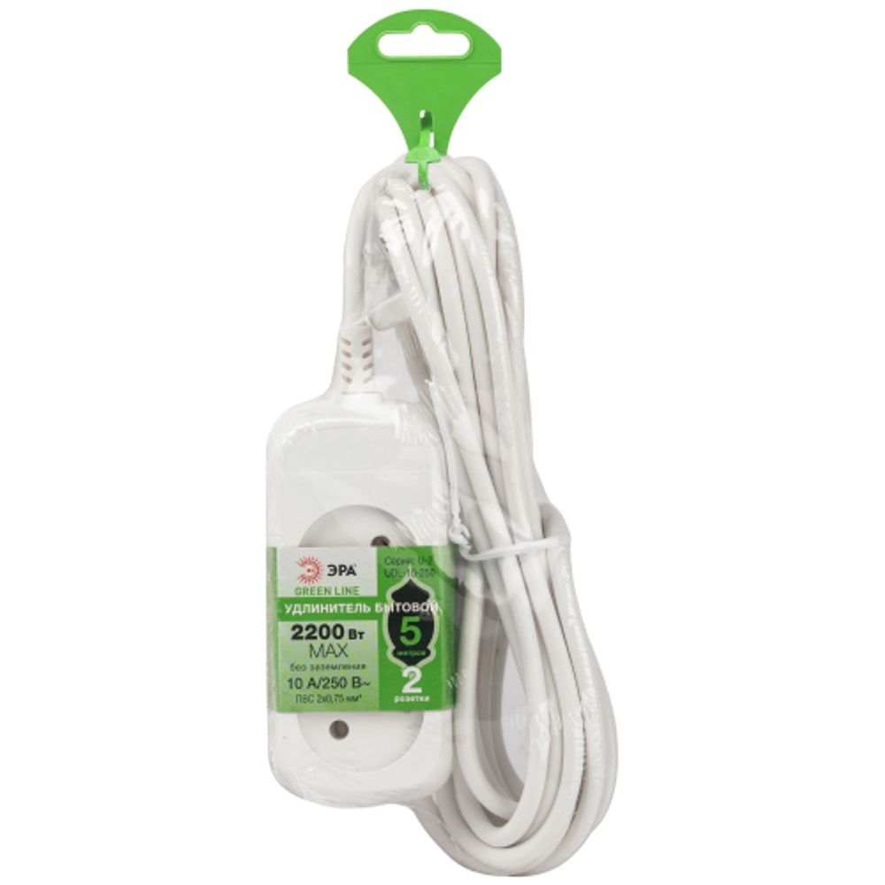Удлинитель электрический ЭРА UDL-10-250 Greenline 2 розетки без заземления 5м ПВС 2x0.75мм2 | Бытовые удлинители