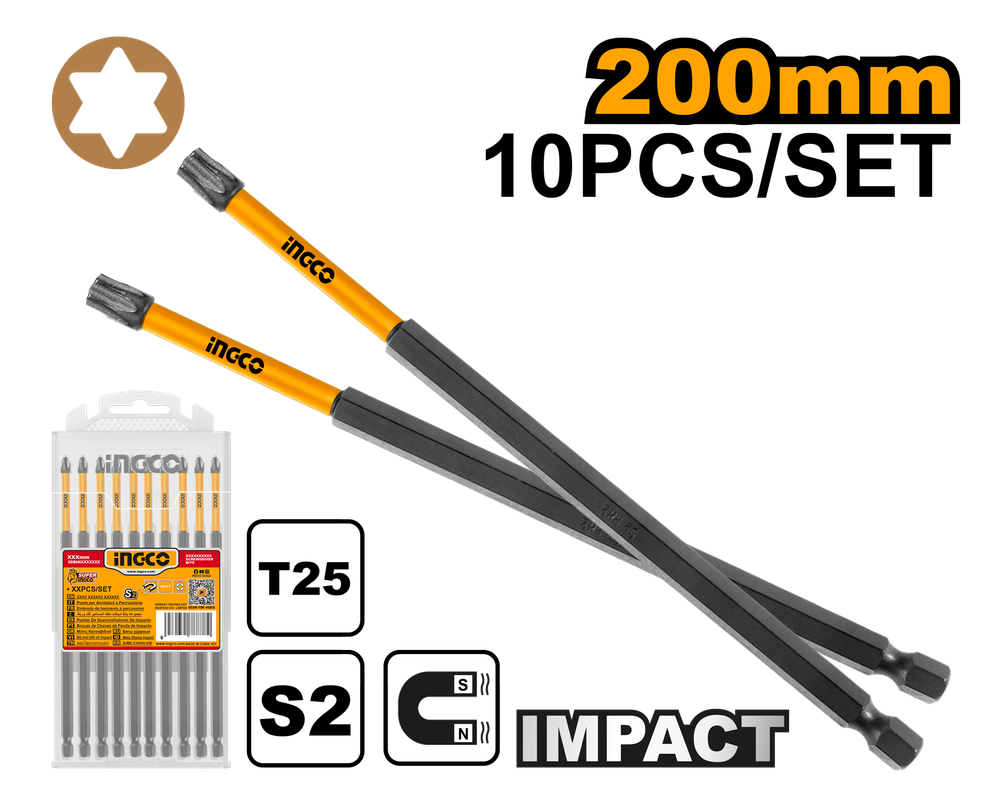 Набор ударных бит IMPACT INGCO SDBIM11T2583 INDUSTRIAL T25х200 мм 10 шт.