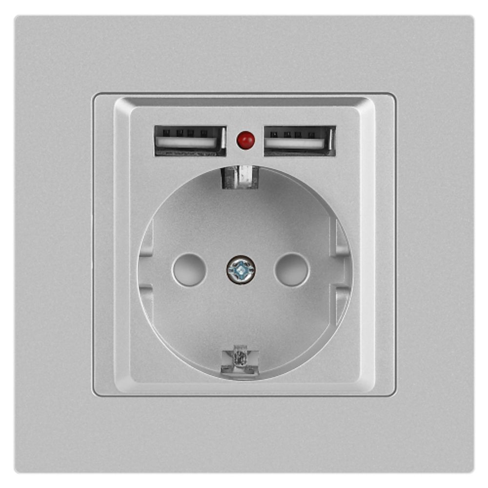 Розетка Intro Accent 6-410-03 с заземлением 2P+E Schuko со шторками 16А-250В + 2хUSB IP20 СУ алюминий | 