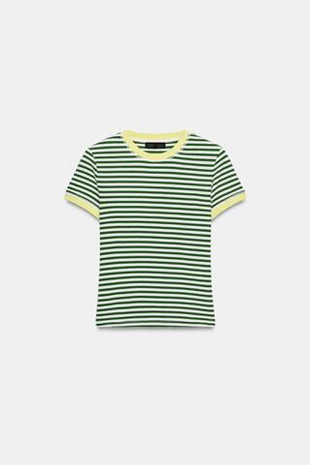 ZARA ФУТБОЛКА В ПОЛОСКУ С КОРОТКИМ РУКАВОМ, ЭКРЮ/ЗЕЛЕНЫЙ