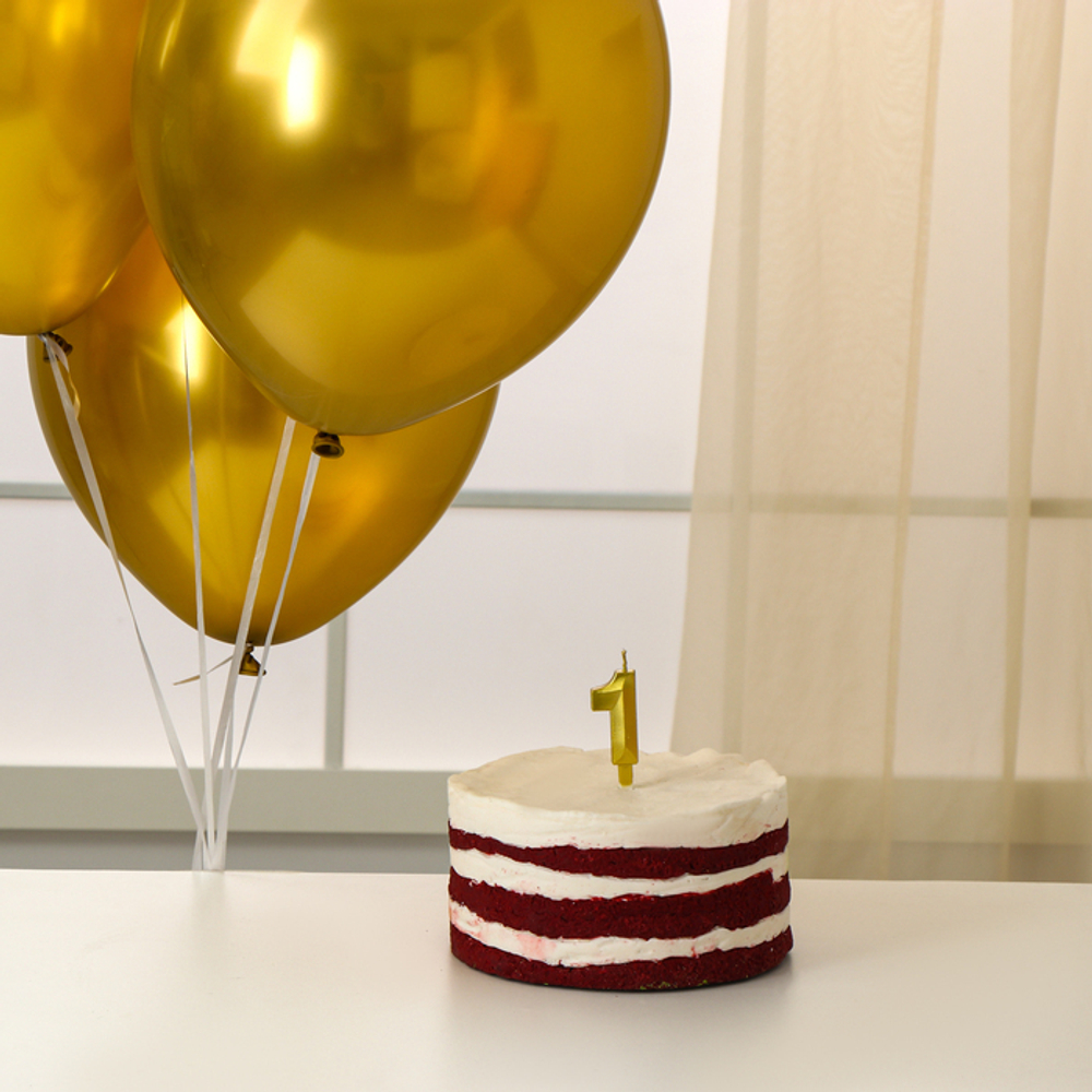 Свеча для торта цифра золотая 1 + воздушные шары, 5шт
