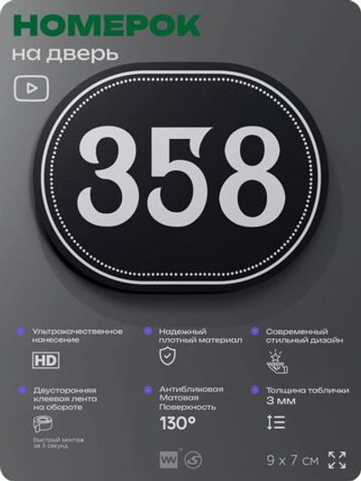 Номерок на дверь квартиры 358, для кабинета, офиса, шильдик 9 х 7 см, черный, Айдентика Технолоджи