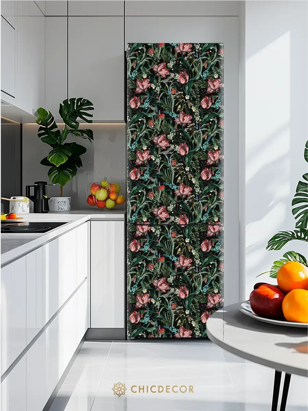 Наклейка интерьерная на холодильник Цветы на темном фоне