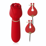 Красный вибромассажёр с зажимами для сосков - 16 см. (Цвет: красный)