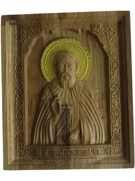 Освященная Икона Сергия Радонежского резная из дуба.